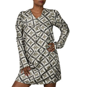 Marni Silk Print Dress Grey Geo Grid Puff Sleeve Origami Fold Sculpted Sheath 40